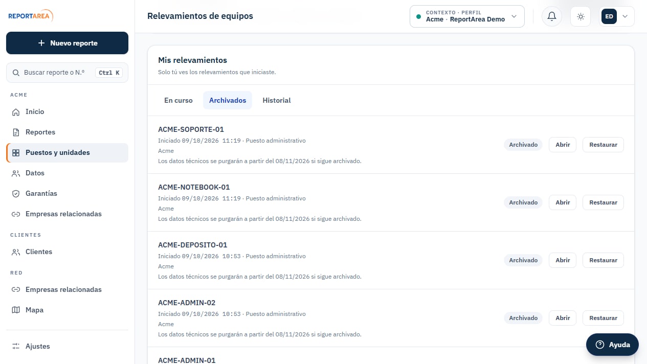 Relevamientos archivados de ReportArea en español con empresa, fecha de conservación y acciones de restauración
