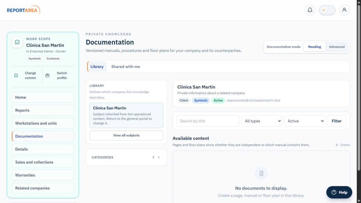 ReportArea documentation library in Reading mode with grouped manuals, pages, and floor plans
