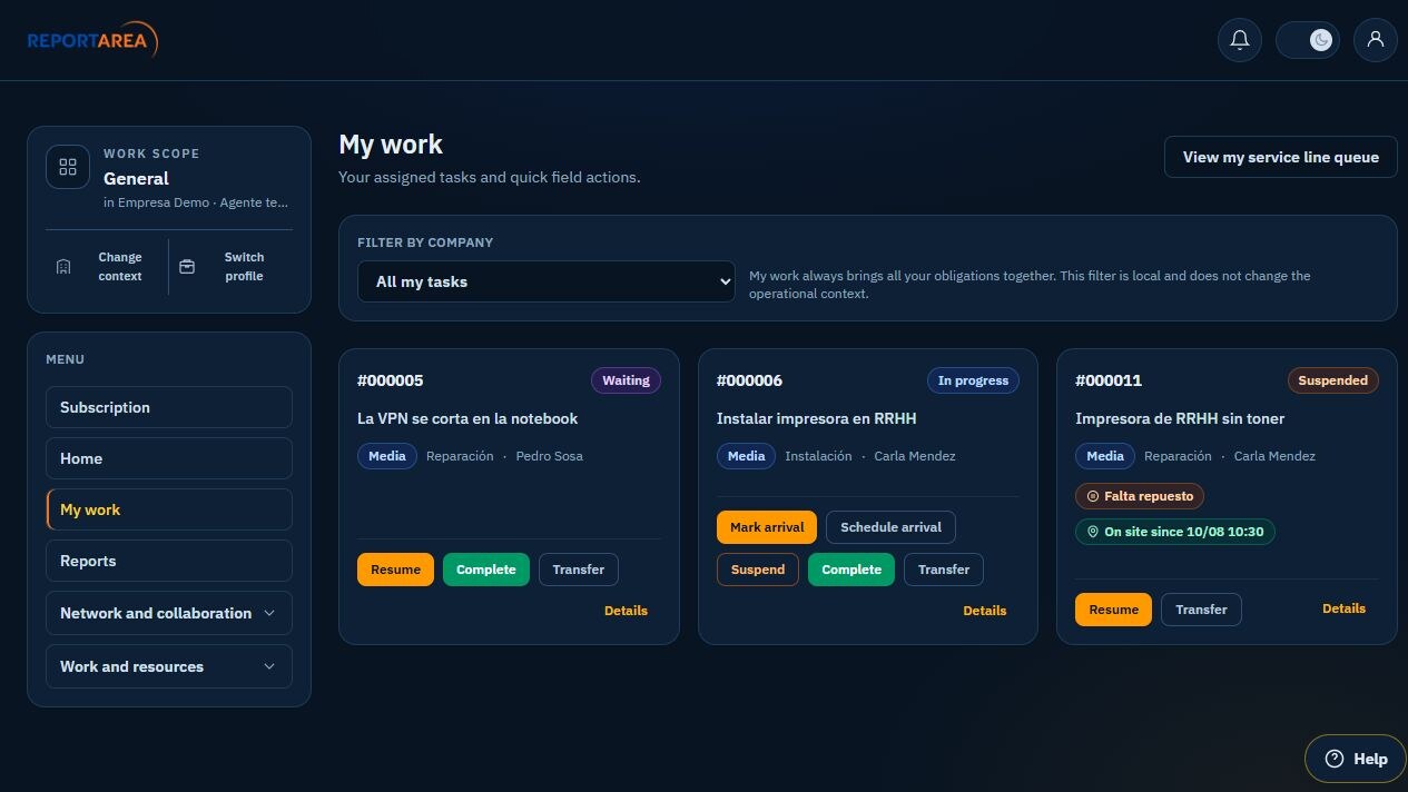 ReportArea My work panel with assigned jobs and quick field actions