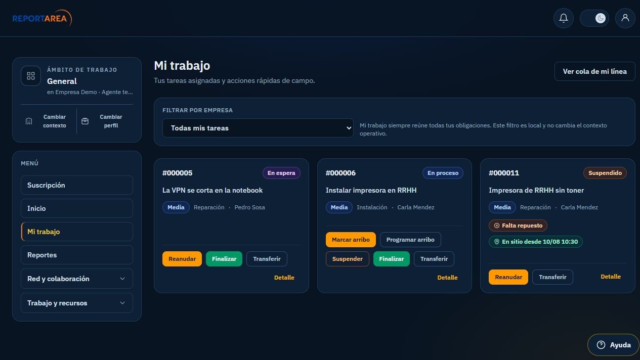 Panel Mi trabajo de ReportArea con tareas asignadas y acciones rápidas de campo