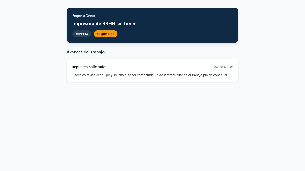 Seguimiento público de ReportArea con estado del trabajo y un avance publicado para el cliente
